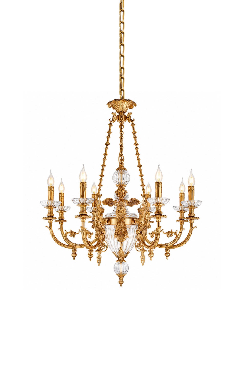 Aveyron Brass Urn Candle Chandelier | Solid Brass and Glass | Front product view glowing softly displayed against a plain white backdrop | Samu Lamp