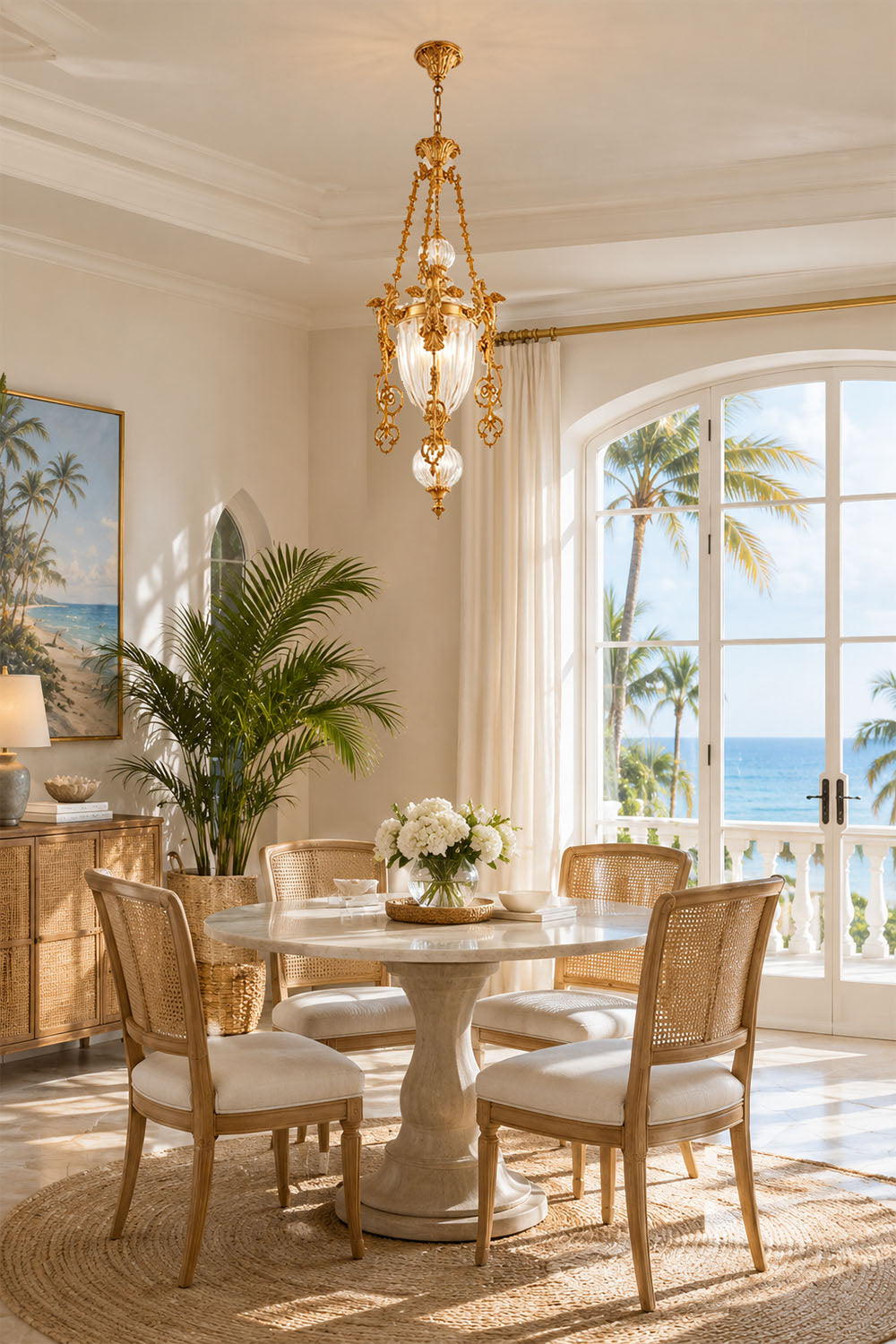 Aveyron Brass Urn Candle Chandelier | Solid Brass and Glass | Suspended in a coastal dining room above a round marble dining table | Samu Lamp