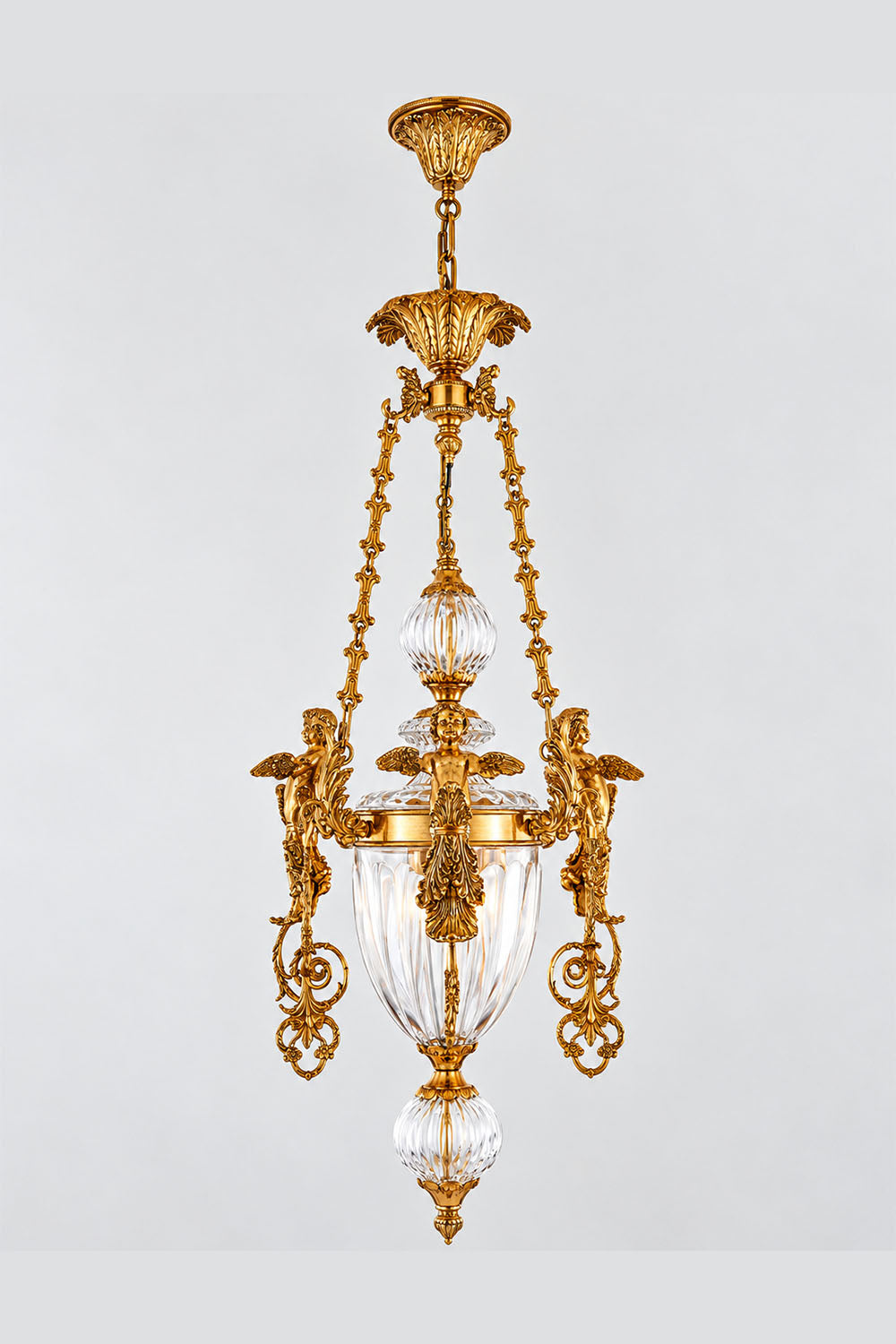 Aveyron Brass Urn Candle Chandelier | Solid Brass and Glass | Full vertical product view showing hanging chain and complete chandelier structure | Samu Lamp