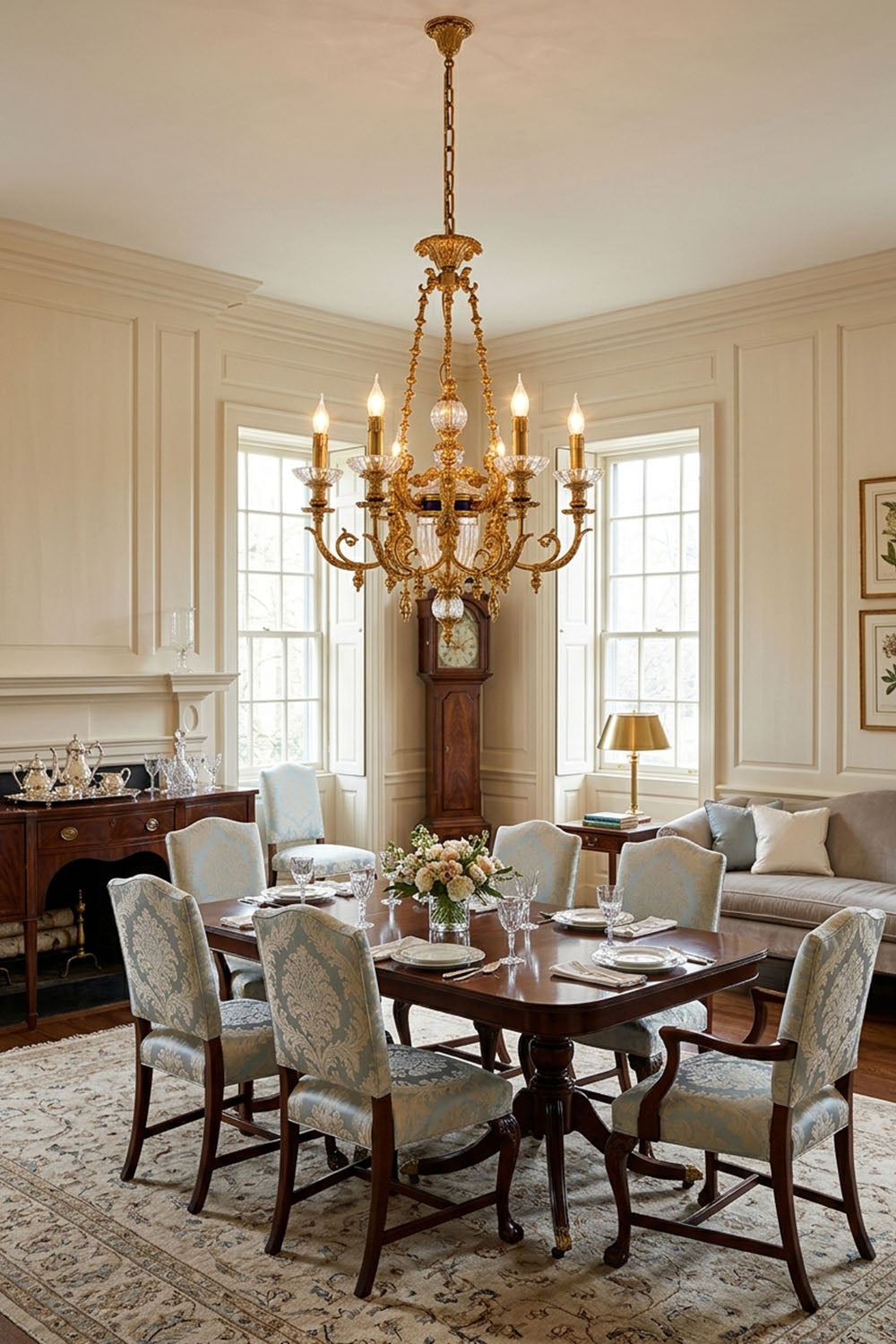Aveyron Brass Urn Candle Chandelier | Solid Brass and Glass | Positioned over a dining table with grey upholstered chairs in a formal room | Samu Lamp