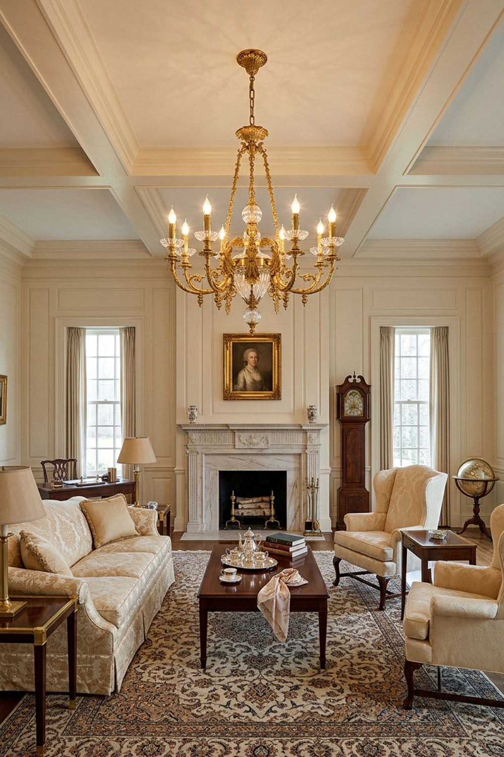 Aveyron Brass Urn Candle Chandelier | Solid Brass and Glass | Illuminating a grand high-ceiling living room with a stone fireplace | Samu Lamp