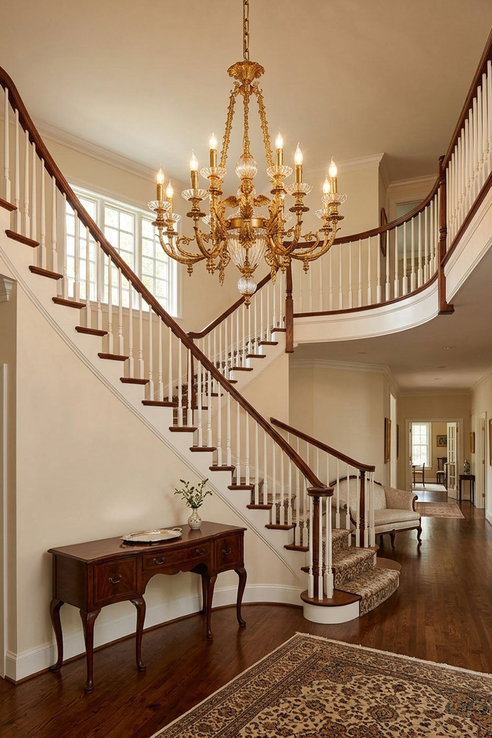 Aveyron Brass Urn Candle Chandelier | Solid Brass and Glass | Hanging in a grand hallway corridor near a curved staircase | Samu Lamp
