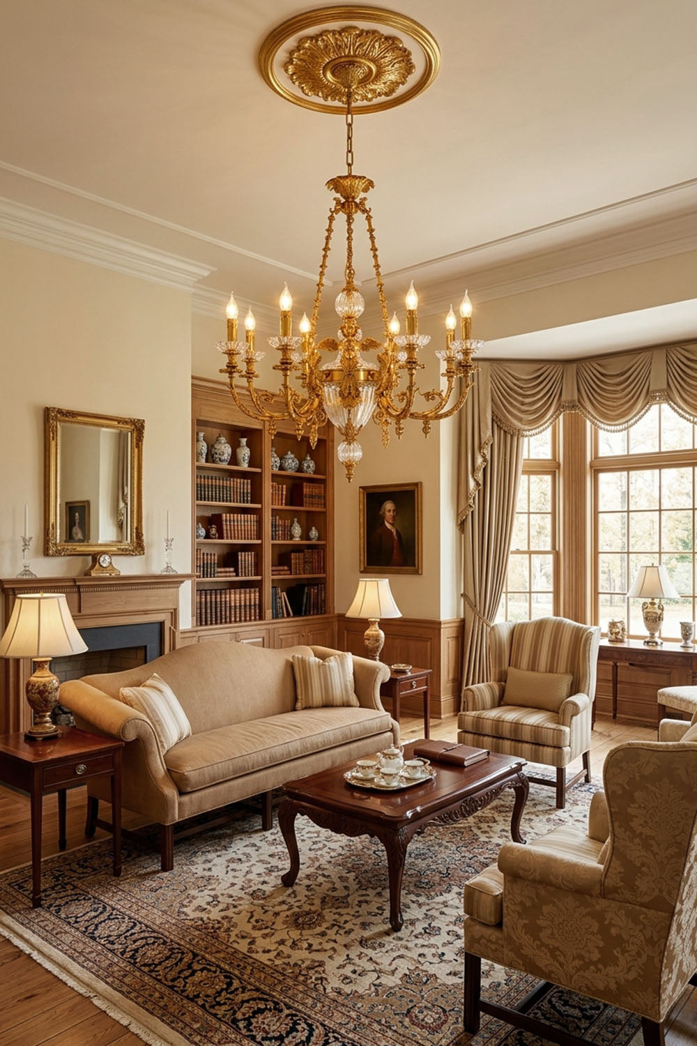 Aveyron Brass Urn Candle Chandelier | Solid Brass and Glass | Centered in a luxury living room with ceiling medallion and cream sofas | Samu Lamp