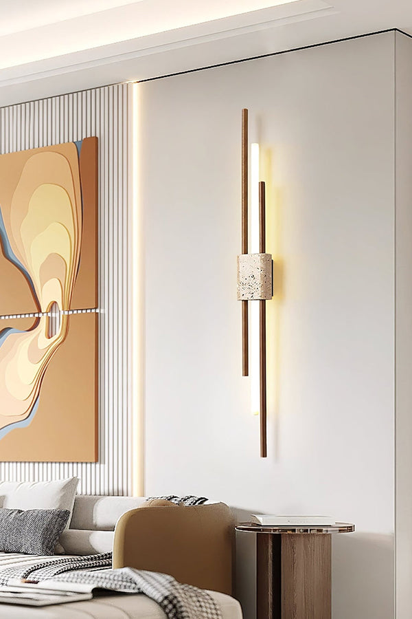 Axis Terra linear light next to modern art | Travertine, Metal, Glass | Bedroom wall installation with soft lighting | Samu Lamp