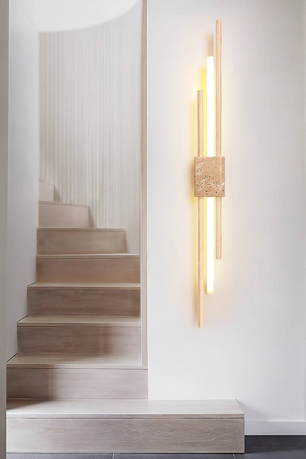 Single Axis Terra wall light by a staircase | Travertine, Metal, Glass | Modern lighting in a bright hallway | Samu Lamp