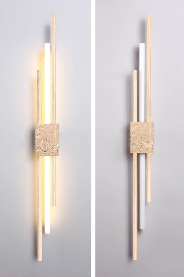 Detailed close-up of Axis Terra wall light | Travertine, Metal, Glass | Showing the lit glass tubes and stone texture | Samu Lamp