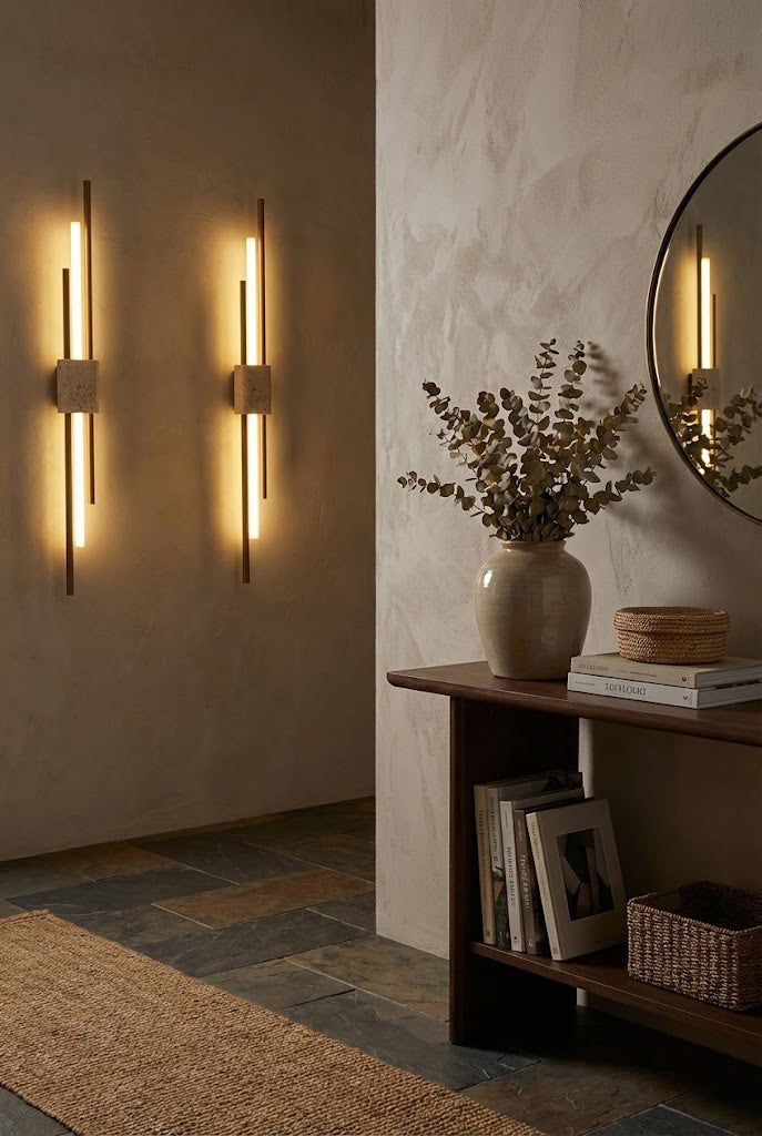 Pair of Axis Terra linear wall lights | Travertine, Metal, Glass | Mounted in a hallway near a wooden console | Samu Lamp