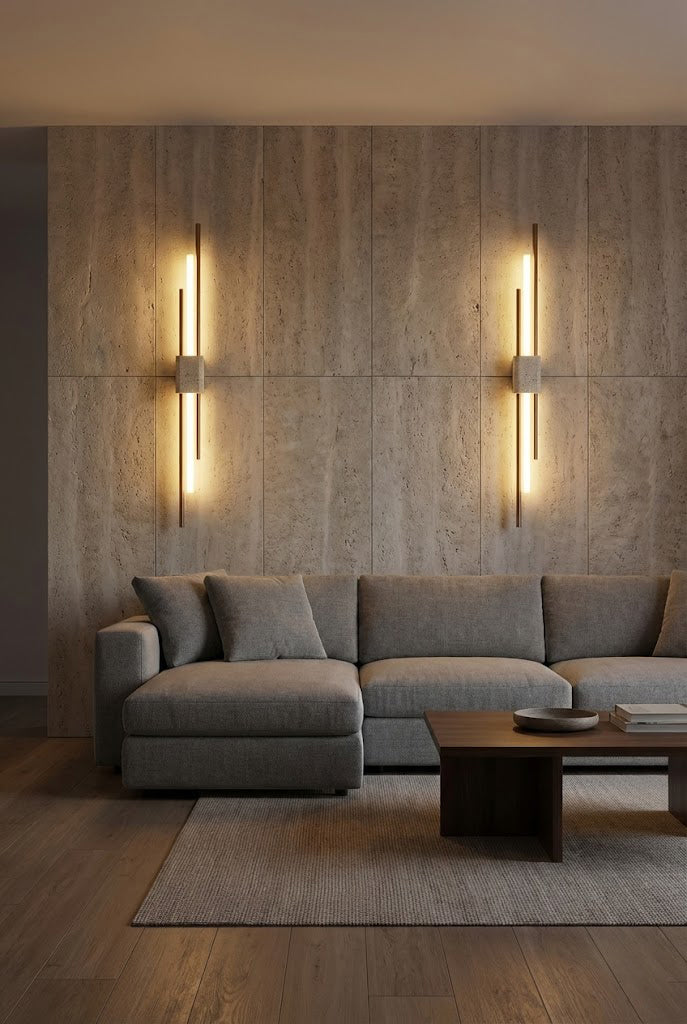 Two Axis Terra wall lights flanking a grey sofa | Travertine, Metal, Glass | Living room scene with textured wall | Samu Lamp