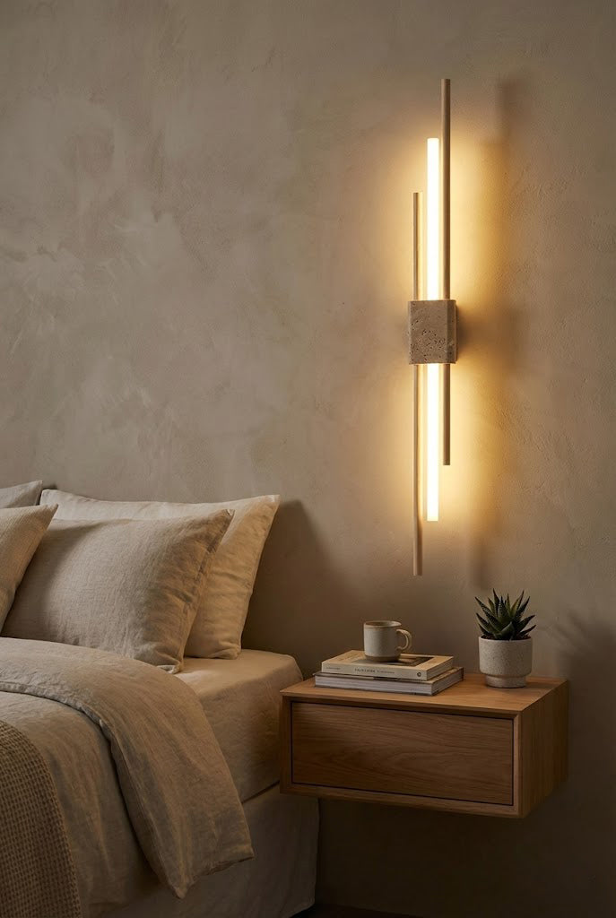 Axis Terra wall light over a wooden nightstand | Travertine, Metal, Glass | Minimalist bedroom interior scene | Samu Lamp