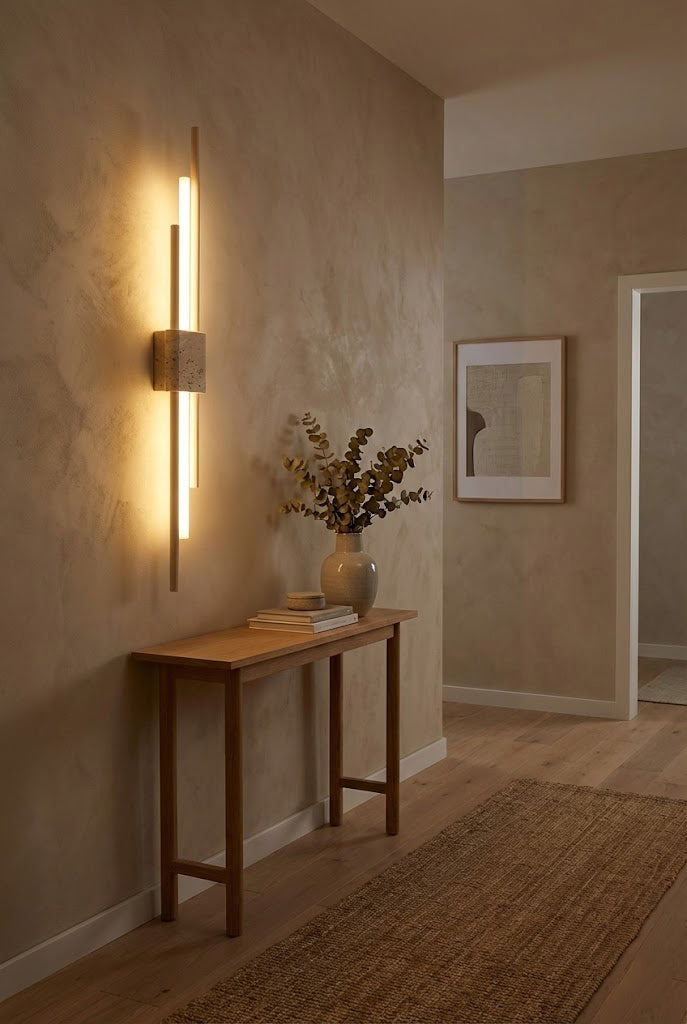 Axis Terra linear light in a warm hallway | Travertine, Metal, Glass | Installed above a console table with decor | Samu Lamp