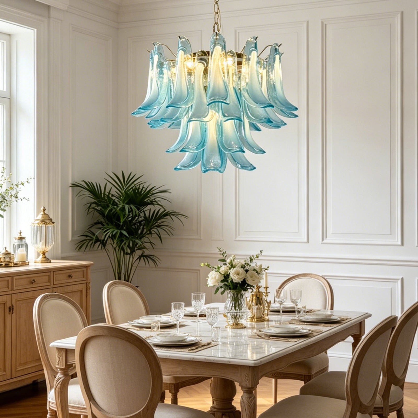 Elegant dining room with a blue petal glass chandelier, marble table, and classic chairs.