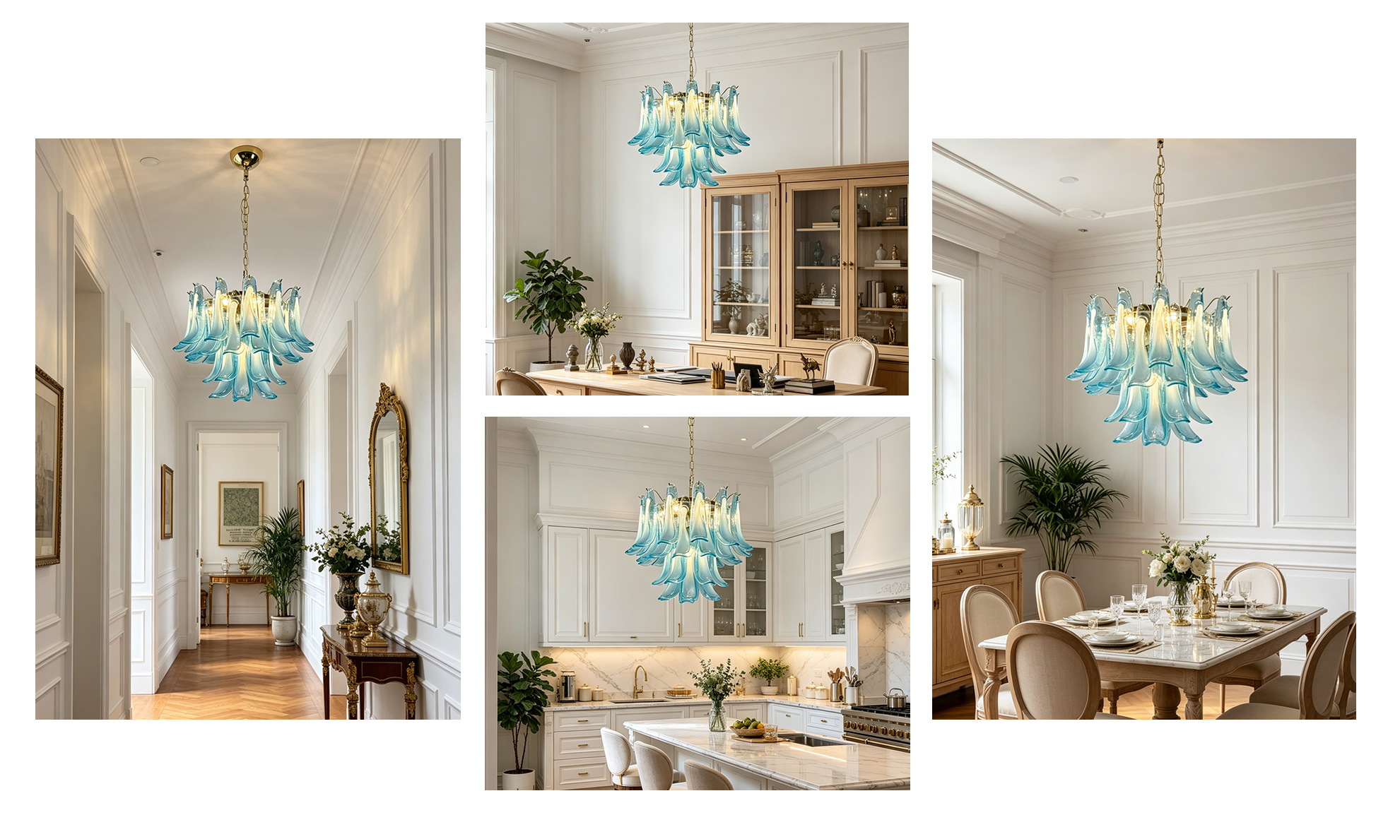 Elegant blue petal glass chandelier with gold accents, illuminating a modern entryway, kitchen, dining room, and office.