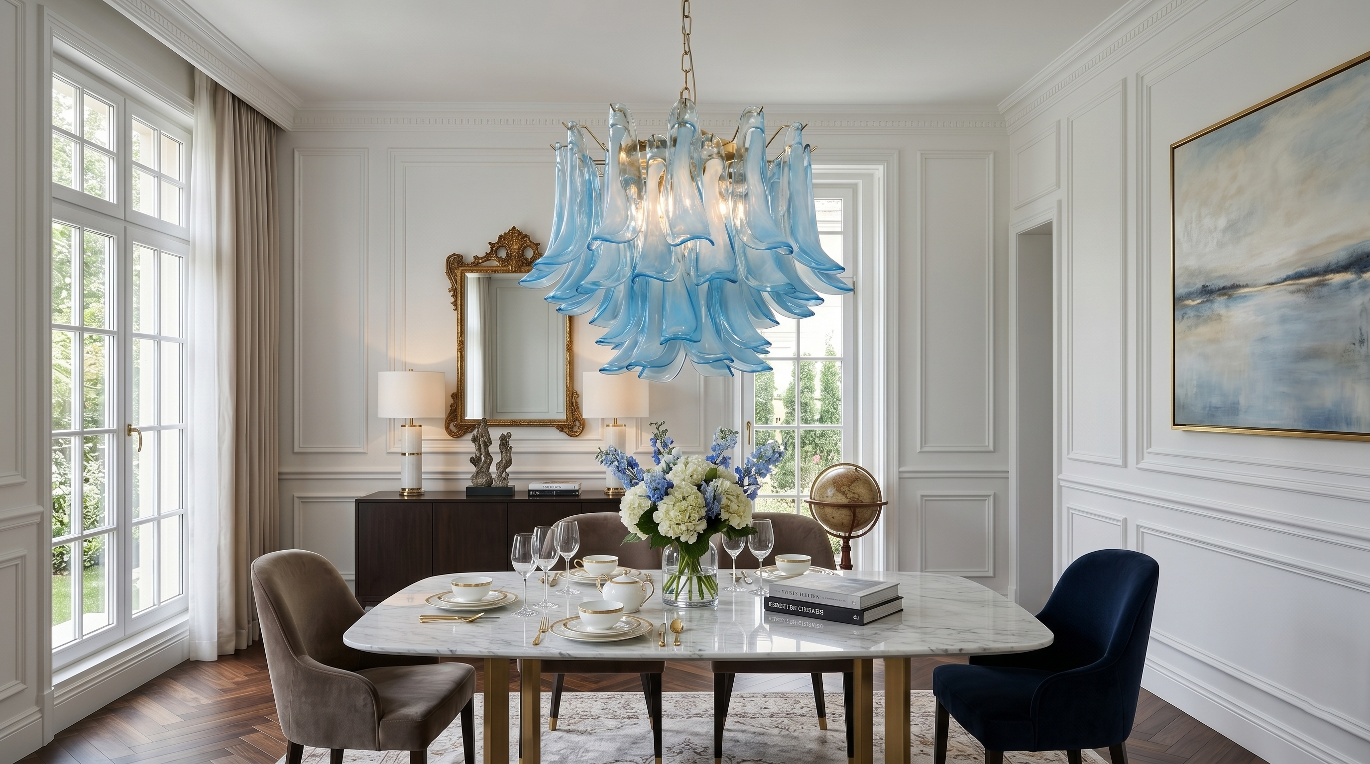 Elegant dining room with a blue petal glass chandelier over a marble table.