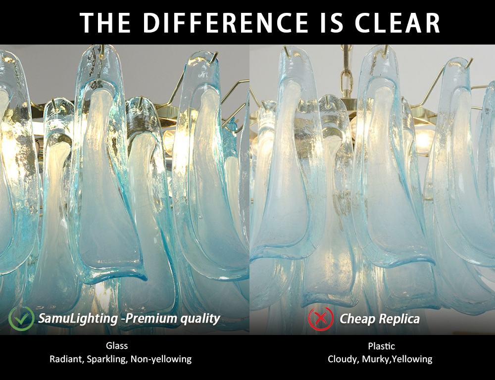Close-up of two chandeliers: left shows radiant, sparkling blue glass petals; right shows cloudy, yellowish plastic.