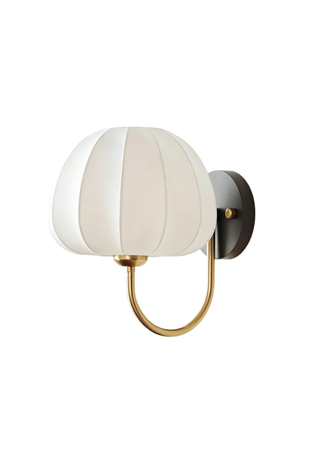 Baird Mid Century Pumpkin Wall Lamp | Metal, Fabric, Wood | Ribbed pumpkin-shaped fabric shade with a curved brass arm and dark wood backplate | Isolated lit product shot on white background | Samu Lamp