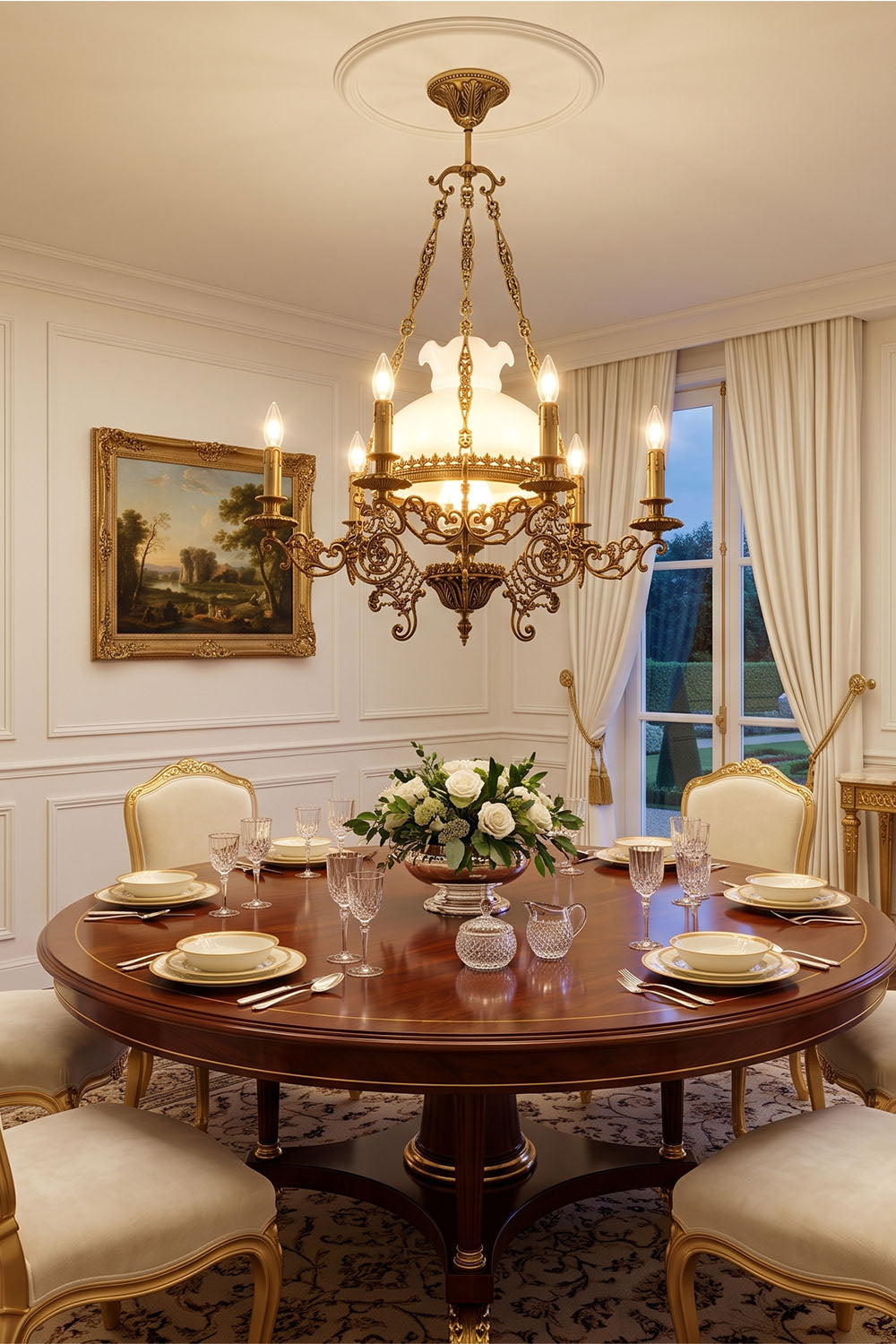 Barnaby Domed Glass Brass Chandelier illuminating an elegant dining room with a round table set for a meal.