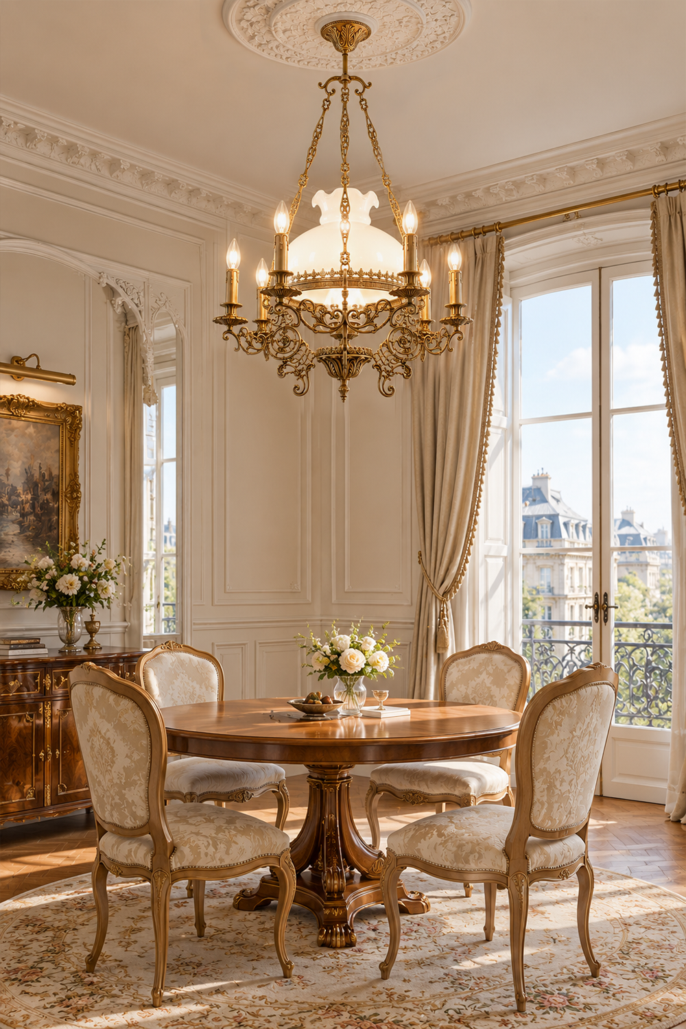 Beautiful dining room featuring a Barnaby Domed Glass Brass Chandelier, elegant furniture, and natural light.