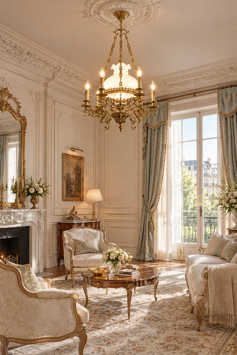 Barnaby Domed Glass Brass Chandelier illuminating an elegant living room with classic decor and large windows.