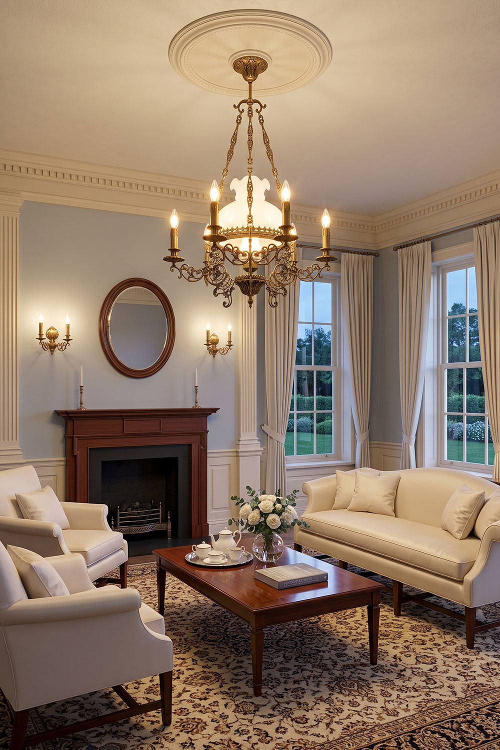Barnaby Domed Glass Brass Chandelier illuminating a cozy living room with white furniture and elegant decor.