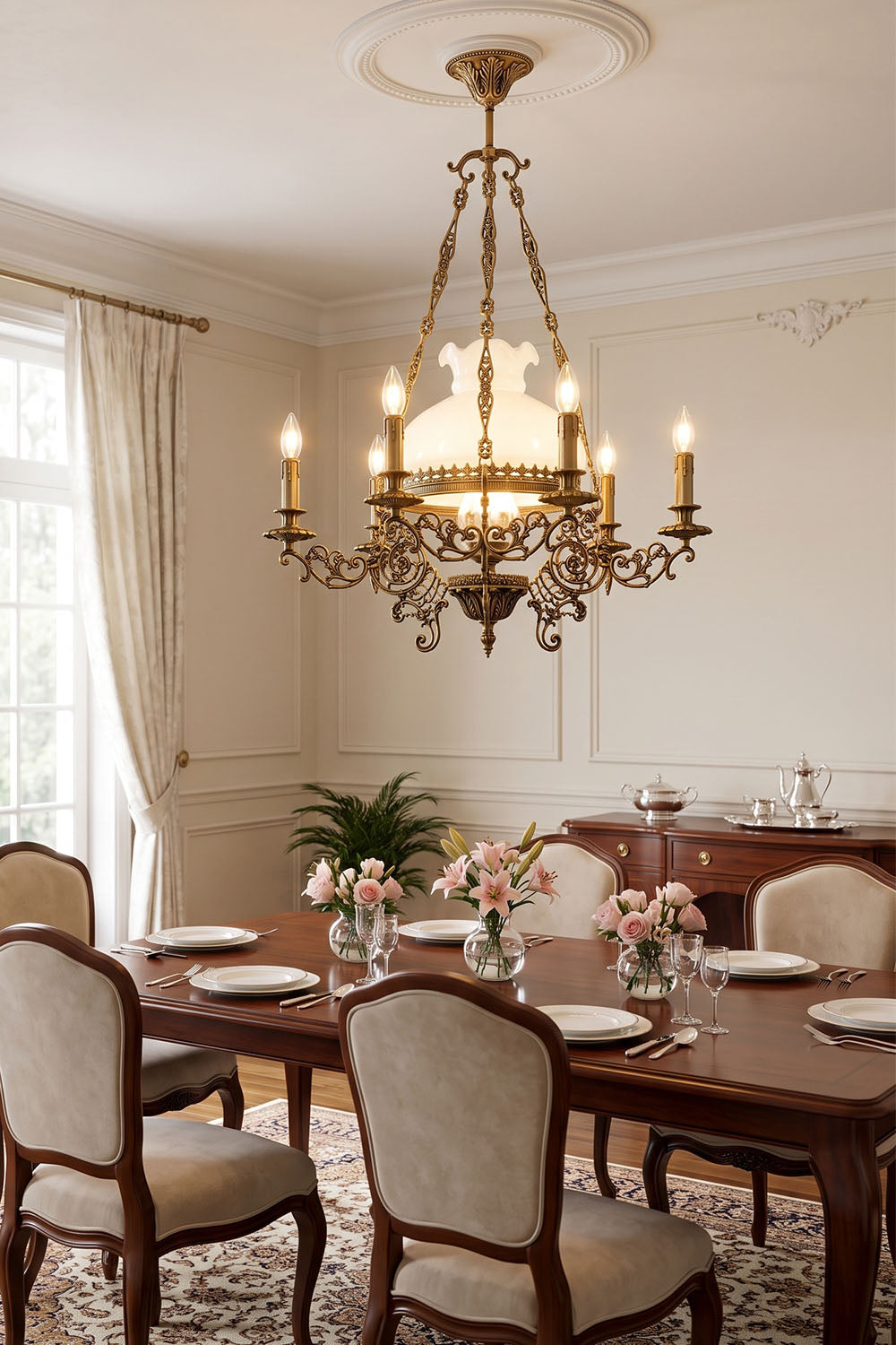 Barnaby Domed Glass Brass Chandelier illuminating a dining room with elegant decor and floral centerpieces.
