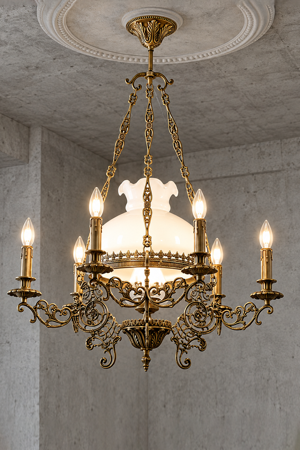 Barnaby Domed Glass Brass Chandelier showcasing an elegant design with ornate brass detailing and six lights.