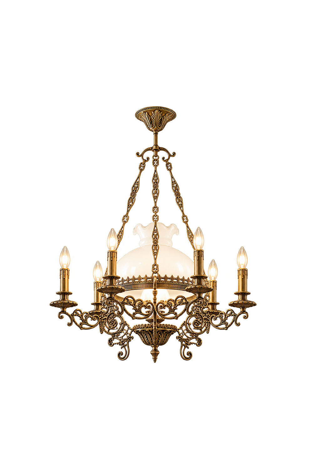Barnaby Domed Glass Brass Chandelier with ornate design and six candle-style lights.