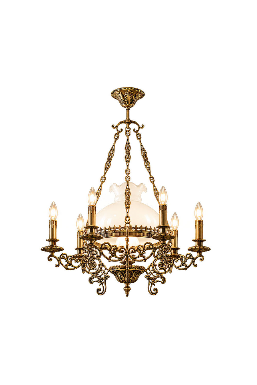 Barnaby Domed Glass Brass Chandelier with ornate design and six candle-style lights.