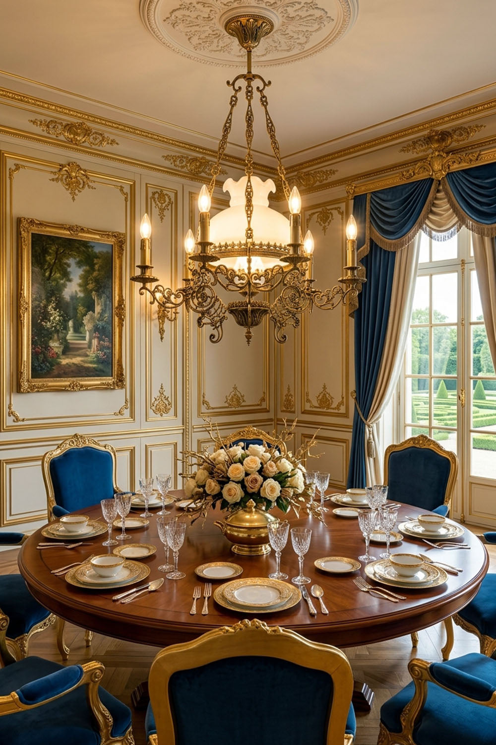 Elegant dining room featuring a Barnaby Domed Glass Brass Chandelier above a beautifully set circular table.