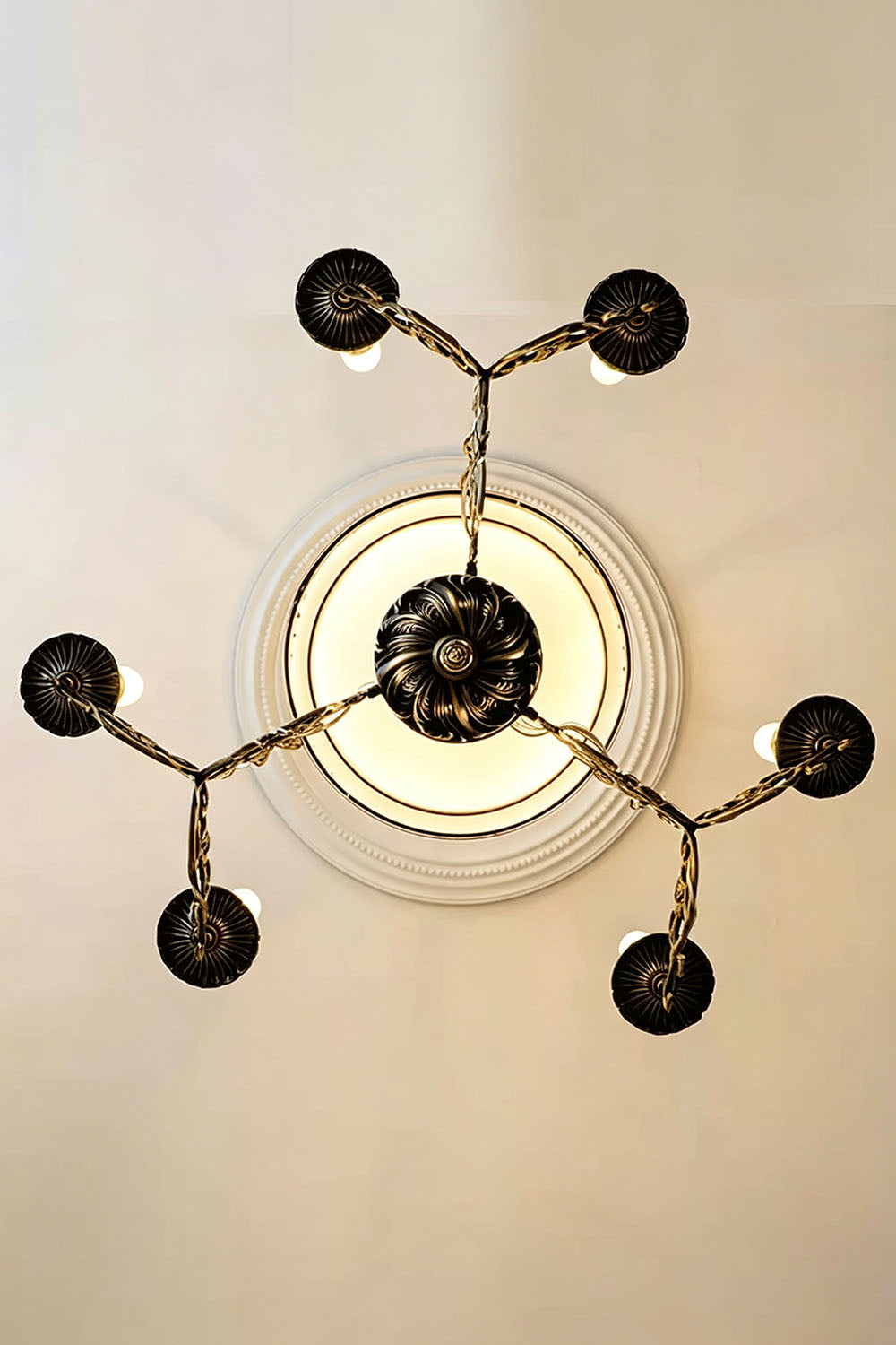 Stylish Barnaby Domed Glass Brass Chandelier featuring elegant circular design and multiple light fixtures.