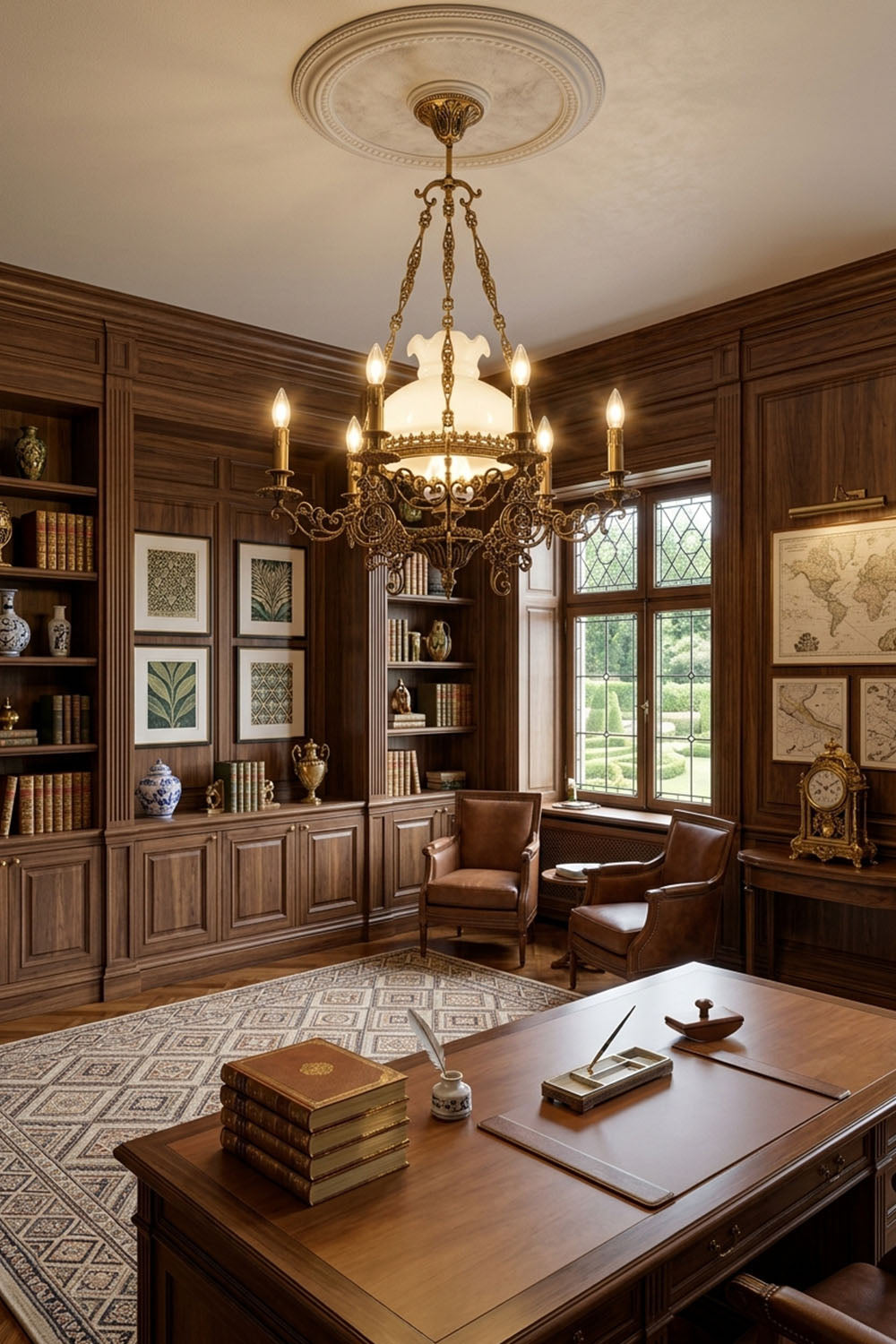 Barnaby Domed Glass Brass Chandelier illuminating a classic wood-paneled office with leather chairs and decorative books.