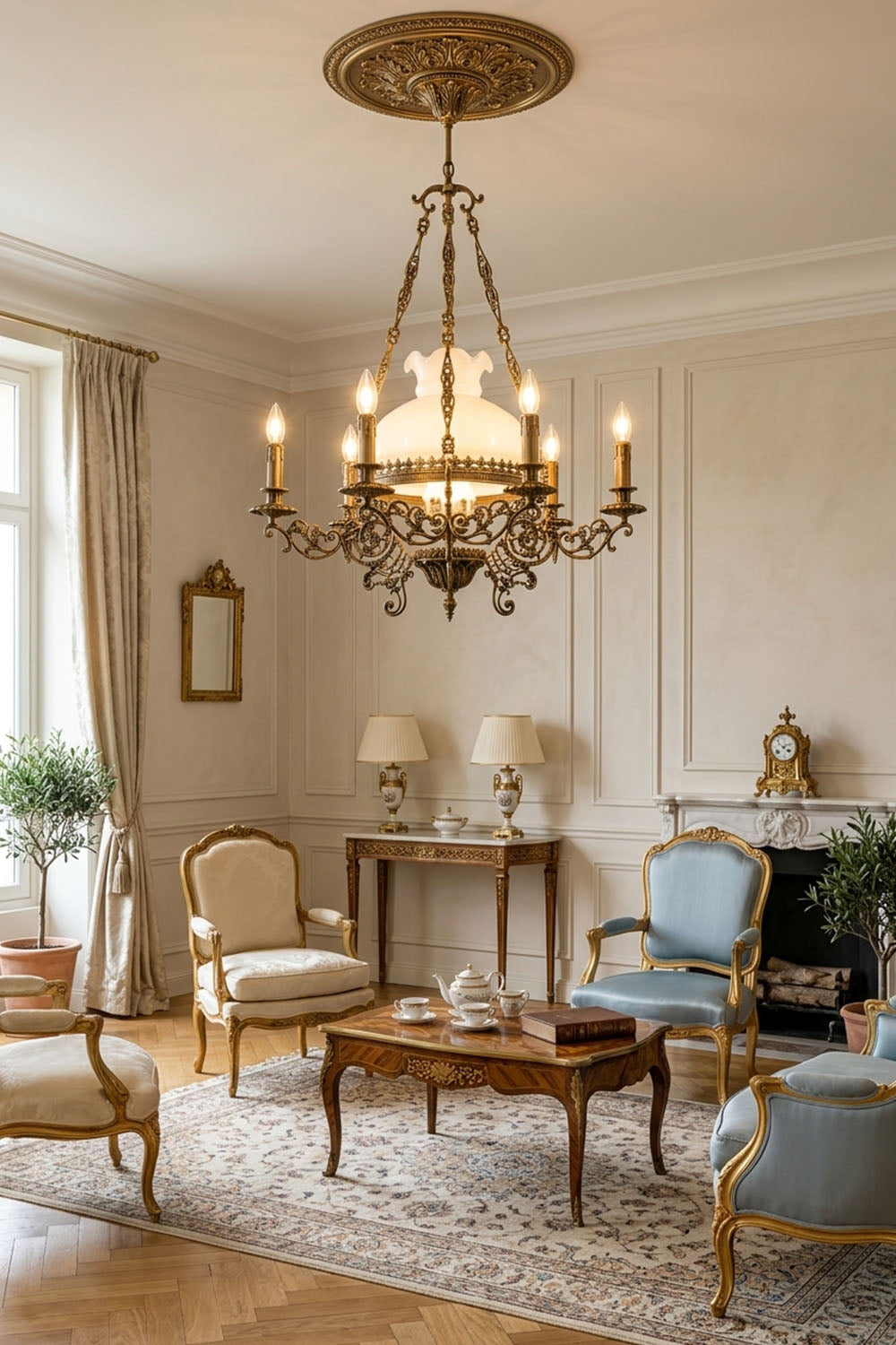 Barnaby Domed Glass Brass Chandelier illuminating a classic living room with elegant furnishings.