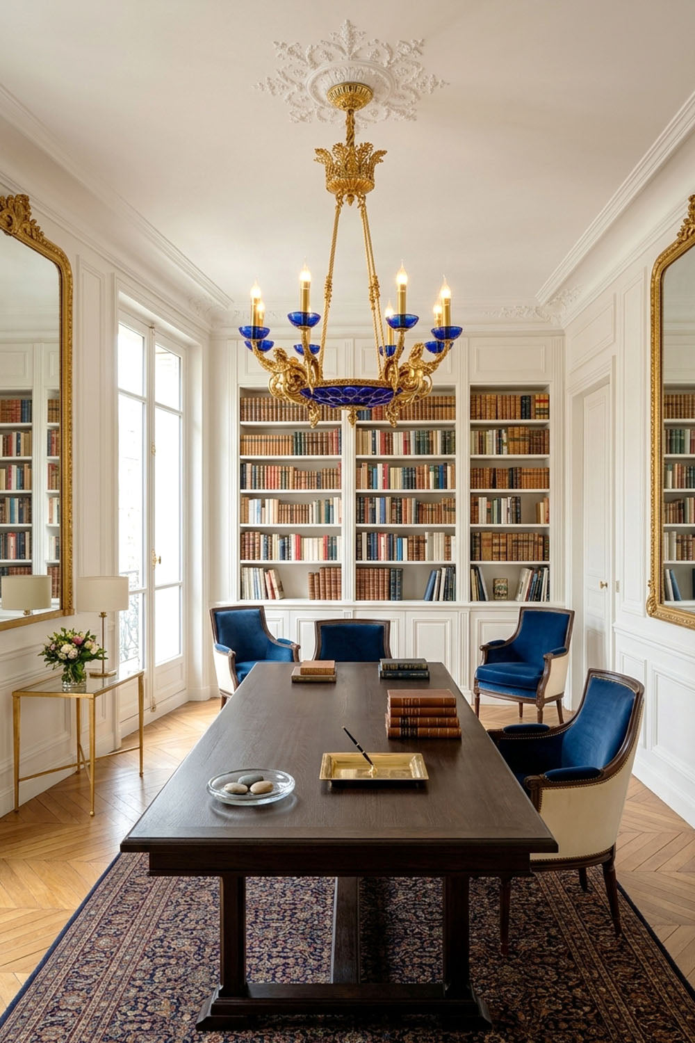 Bastien Blue Glass Brass Chandelier illuminating a stylish study with bookshelves and elegant furniture.