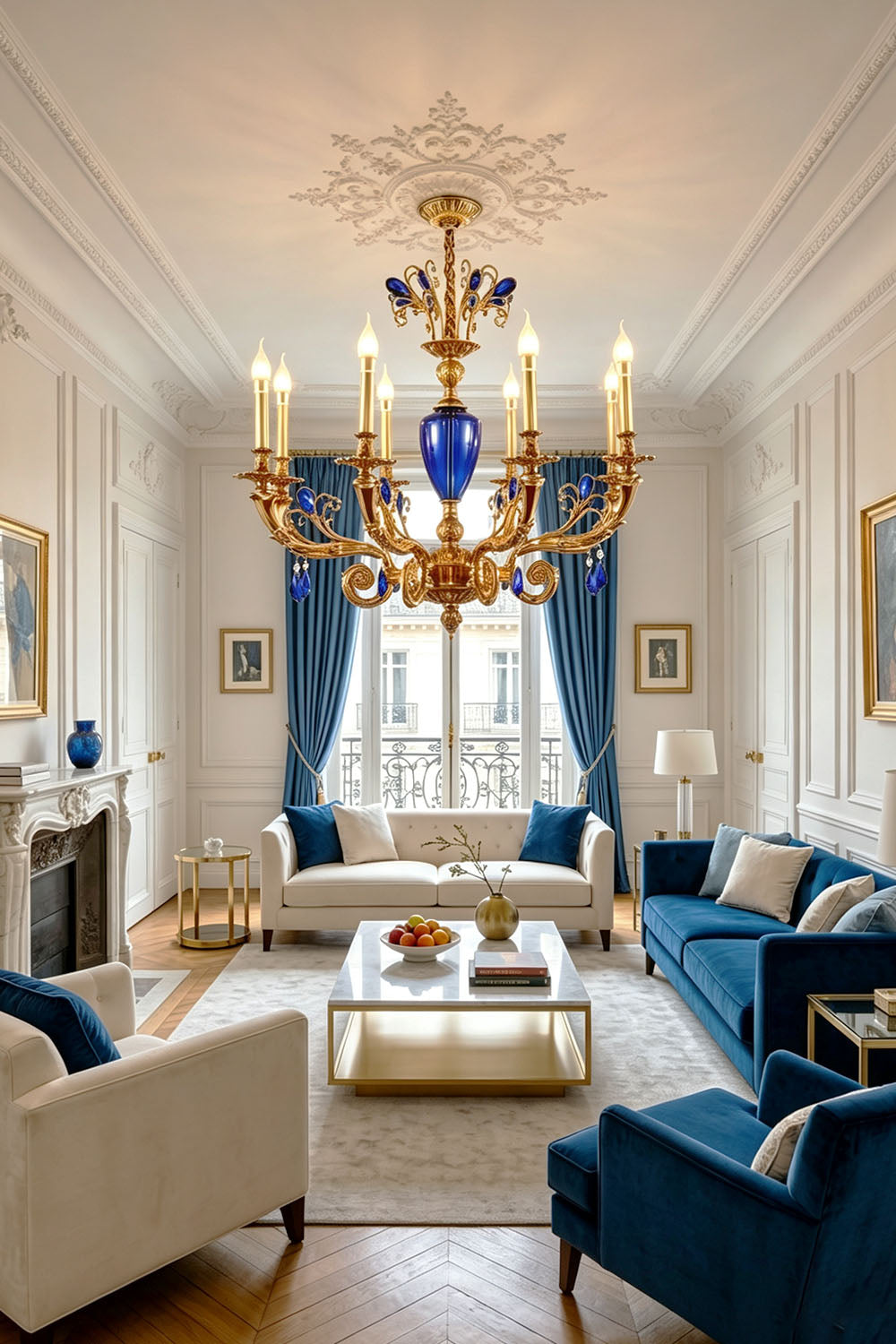 Bastien Blue Glass Brass Chandelier illuminating a stylish living room with elegant blue and white decor.