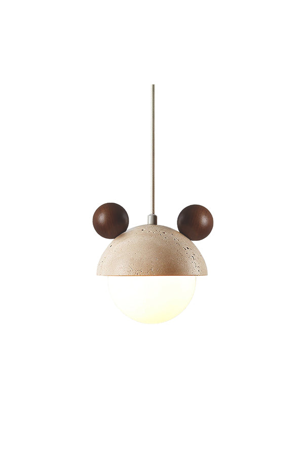 Bear ear travertine pendant lamp with frosted glass globe | Travertine, Metal, Glass | Front view isolated on white background | Samu Lamp