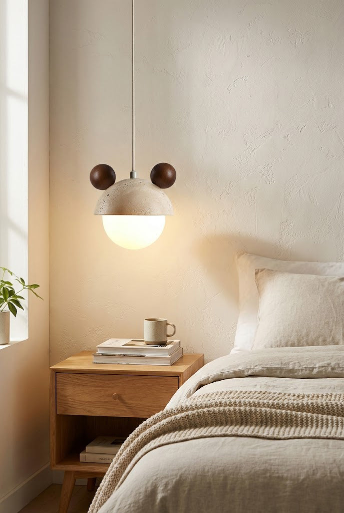 Bear ear travertine bedside pendant | Travertine, Metal, Glass | Installed above a wooden nightstand in a bright bedroom | Samu Lamp