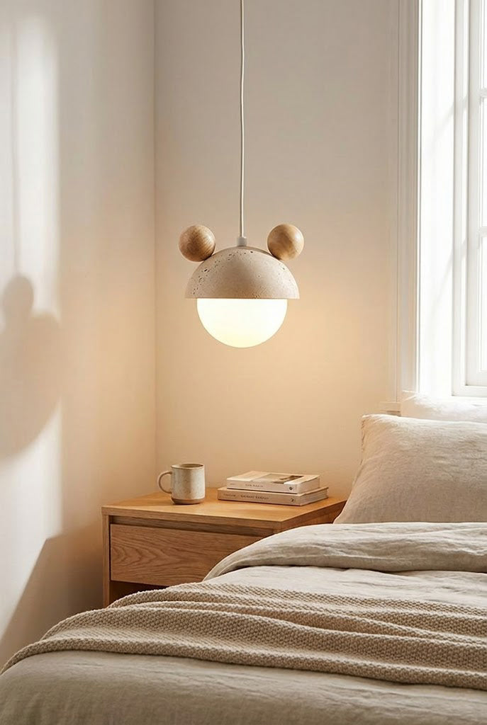 Whimsical bear ear pendant lamp | Travertine, Metal, Glass | Bedroom interior scene with neutral bedding | Samu Lamp