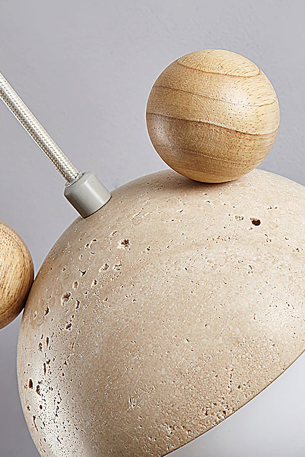 Close-up of travertine texture and wooden ear detail | Travertine, Metal, Glass | Macro shot showing the porous stone surface | Samu Lamp