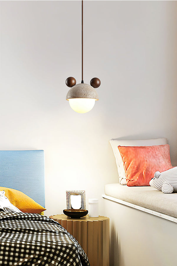Bear ear travertine pendant light in a nursery | Travertine, Metal, Glass | Bedside scene with a Baymax plush toy | Samu Lamp