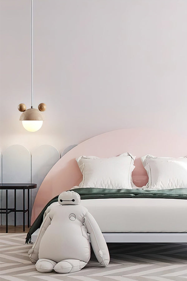 Lit bear ear pendant lamp over a colorful bed | Travertine, Metal, Glass | Modern kids' bedroom interior | Samu Lamp