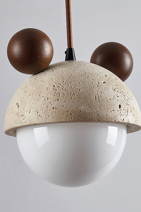 Unlit bear ear travertine pendant lamp | Travertine, Metal, Glass | Front view showing the white glass and stone details | Samu Lamp