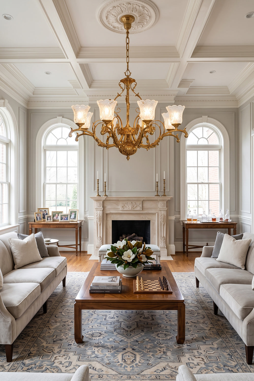 Beatrix Acanthus Leaf Chandelier | Ornate Brass and Frosted Carved Glass | Suspended in a bright, high-ceiling classic living space between two facing cream sofas near a fireplace | Samu Lamp