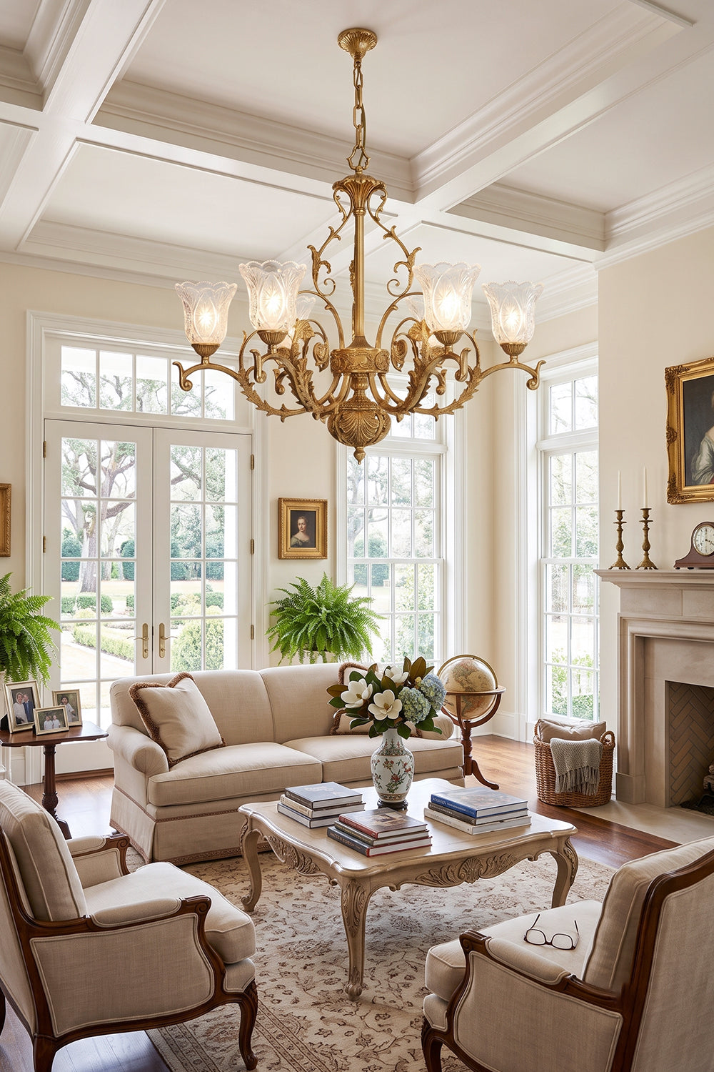 Beatrix Acanthus Leaf Chandelier | Ornate Brass and Frosted Carved Glass | Hanging in a classic luxury living room with coffered ceilings, elegant cream sofas, and a fireplace | Samu Lamp