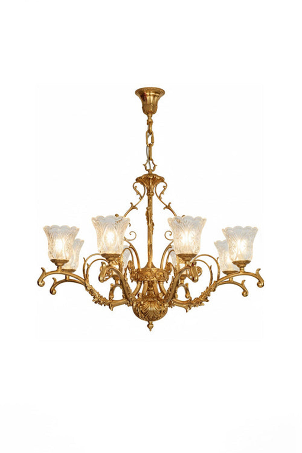 Beatrix Acanthus Leaf Chandelier | Ornate Brass and Frosted Carved Glass | Full front studio shot on a clean white background showing the lit gold classic scroll arm fixture | Samu Lamp