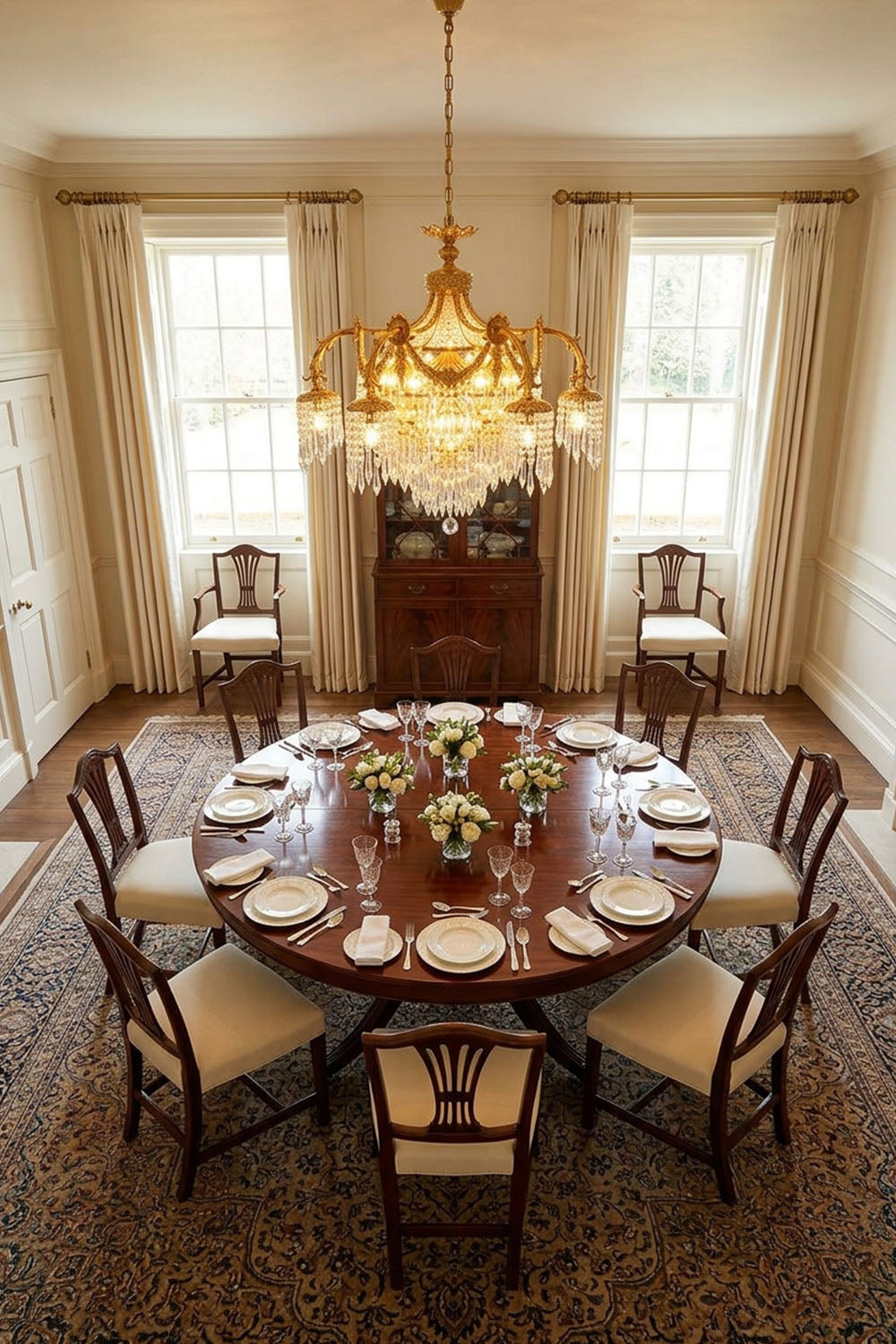Belcastre Brass Crowned Crystal Cascade Chandelier | Cut Crystal and Brass | Styled over a round dining table in a warm elegant room | Samu Lamp