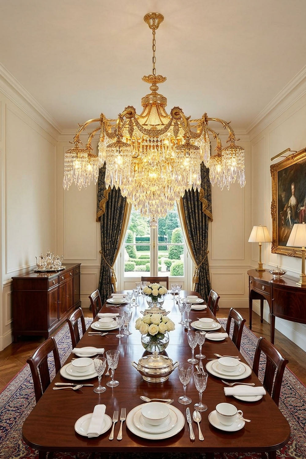Belcastre Brass Crowned Crystal Cascade Chandelier | Cut Crystal and Brass | Positioned above a long banquet dining table set for dinner | Samu Lamp