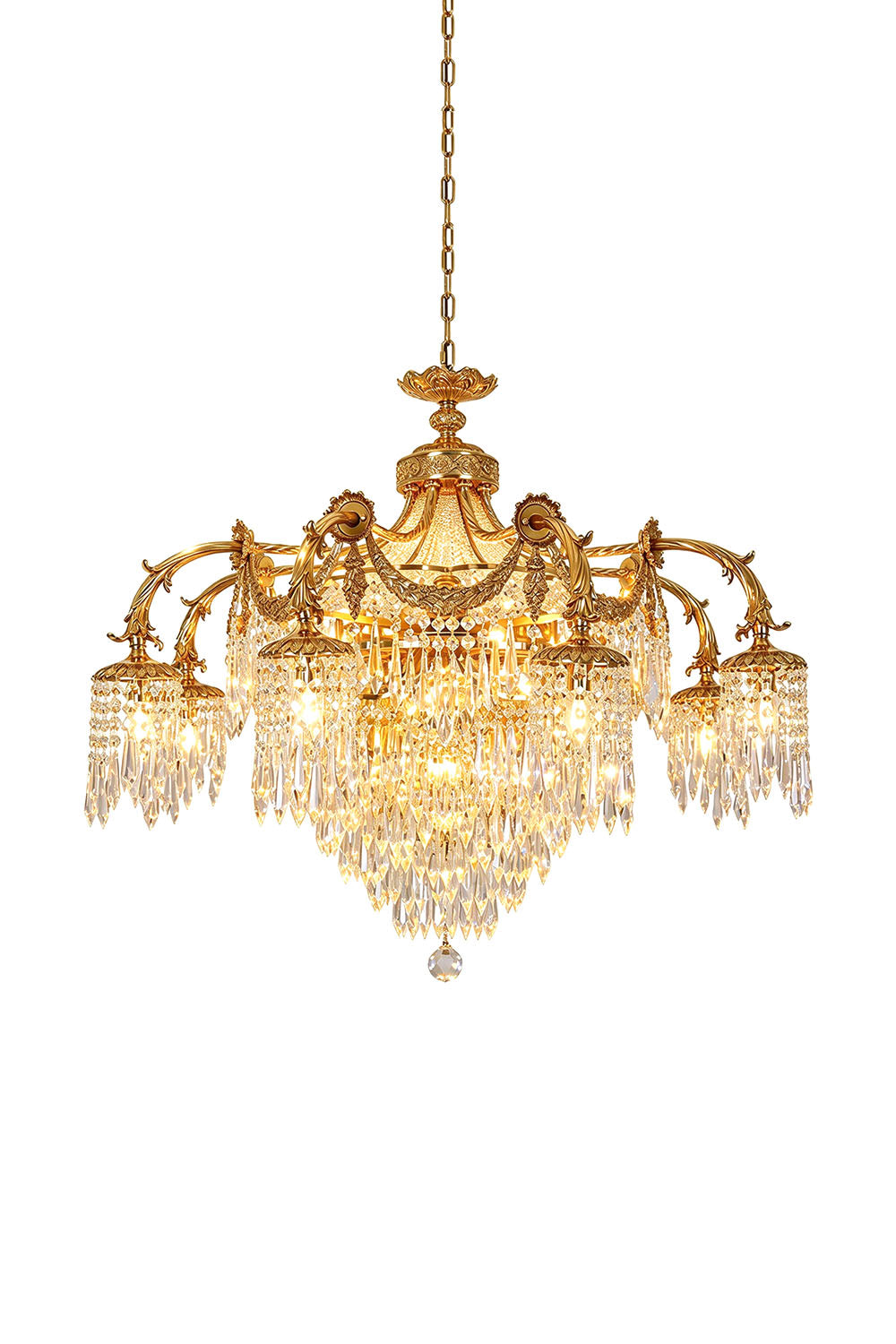 Belcastre Brass Crowned Crystal Cascade Chandelier | Cut Crystal and Brass | Full product view glowing with warm light on a neutral studio background | Samu Lamp