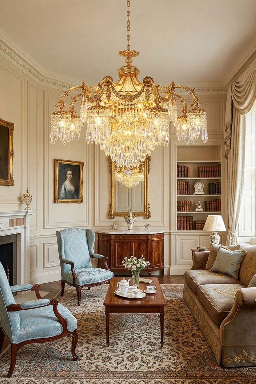 Belcastre Brass Crowned Crystal Cascade Chandelier | Cut Crystal and Brass | Lighting a traditional living room with blue armchairs and fireplace | Samu Lamp