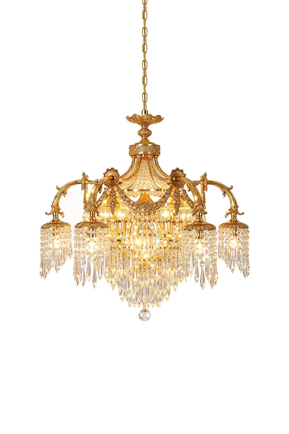 Belcastre Brass Crowned Crystal Cascade Chandelier | Cut Crystal and Brass | Front full view on a pure white background, illuminated | Samu Lamp