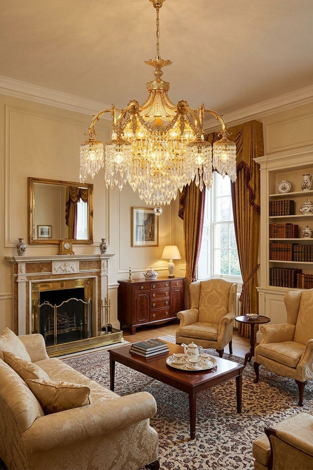 Belcastre Brass Crowned Crystal Cascade Chandelier | Cut Crystal and Brass | Hanging in a cozy living room lounge with fireplace and yellow armchair | Samu Lamp