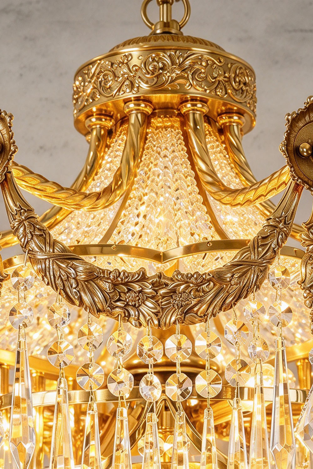 Belcastre Brass Crowned Crystal Cascade Chandelier | Cut Crystal and Brass | Close-up detail of the central brass crown and crystal strands | Samu Lamp